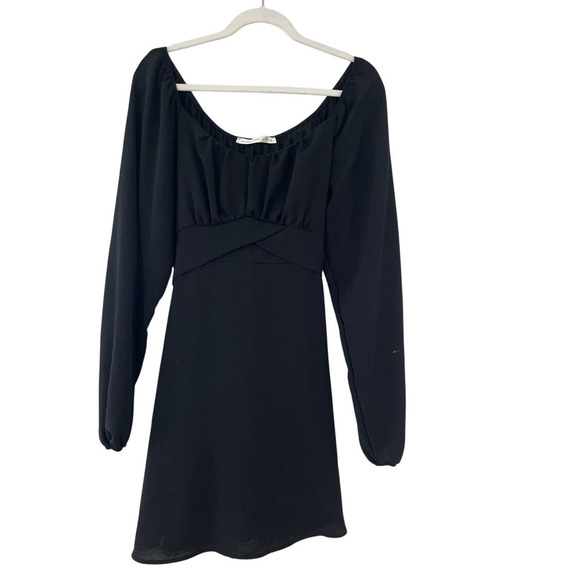 Altar’d State Lola Crossover Waist Back Tie Mini Dress Large Black Puff Sleeve - Picture 3 of 7